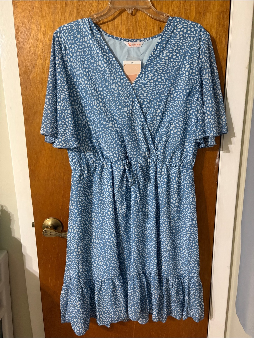 Women’s Blue Printed Wrap Dress with Ruffle Hem